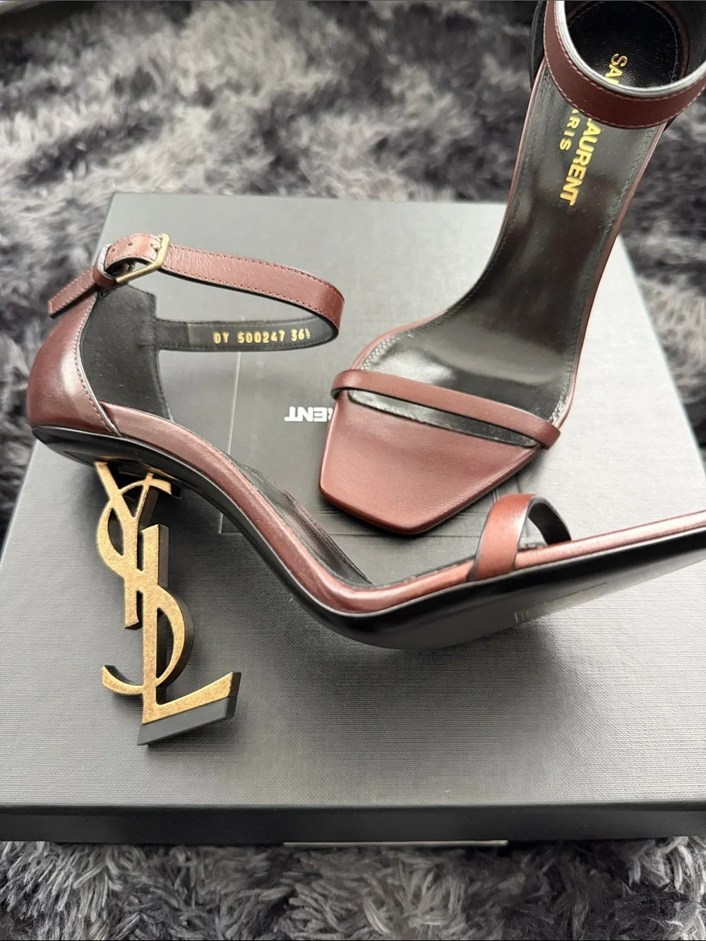 Saint Laurent Burgundy Leather Opyum Ankle-Strap Sandals - Picture 1 of 6